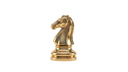 Shiny gold knight chess piece isolated on white, leadership and strategic competition concept for business success 3d illustration Transparent background