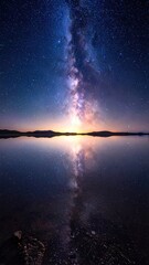 Milky Way galaxy reflected in calm lake water with vibrant colors