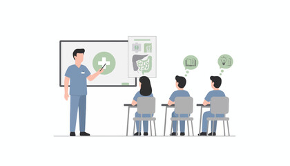 A male medical instructor teaches students about health and human anatomy in a classroom setting.