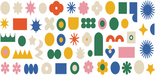 Fototapeta premium Colorful abstract shapes collection on black background, modern flat vector elements for creative design, decoration, branding, posters, social media graphics