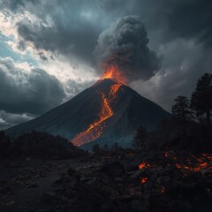 Volcanic eruption illuminating night sky