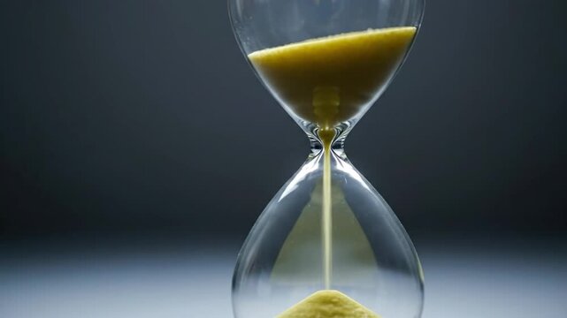 Hourglass with golden sand flowing, symbolizing time passing and deadlines approaching, set against a dark background.