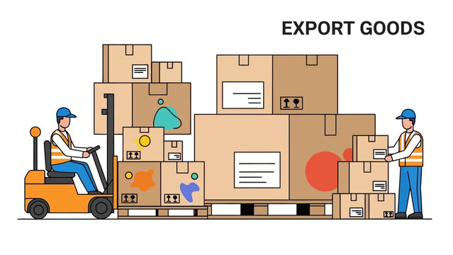 Workers loading export goods onto a pallet with a forklift in a warehouse setting