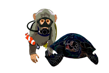Cute Monkey in Scuba gear with Green turtle and Clownfish