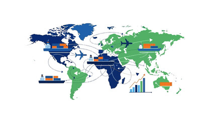 Obraz premium Global Business Analytics and Logistics Overview Map with Charts and Graphs Illustrating International Trade and Shipping Routes