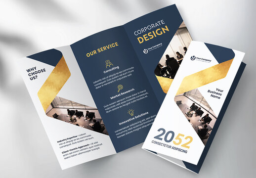 Modern Corporate Business Tri-fold Brochure Template with Geometric Gold and Black Design