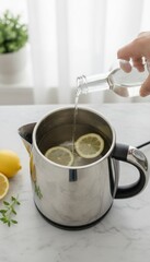Pouring Vinegar Into Kettle With Lemon slices to remove limescale and clean electric appliance naturally using eco friendly solution.