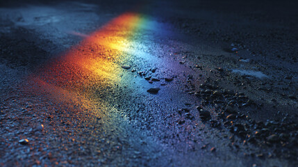 Fototapeta premium A vibrant rainbow prism on a rugged surface. The light is scattered, displaying a spectrum of colors