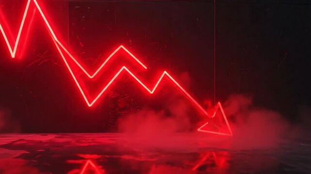 Red neon arrow pointing downwards, symbolizing economic decline and financial loss.