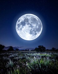 Fototapeta premium A large moon glowing in a dark night sky over a field