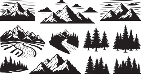 Mountain Landscape Silhouette Vector Graphics and Icons Set Collection
