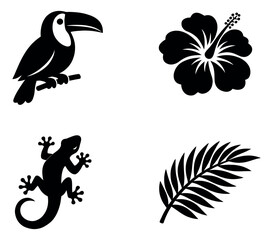 Obraz premium Simple clip art tropical set featuring a toucan, hibiscus flower, lizard, and palm leaf for vacation designs
