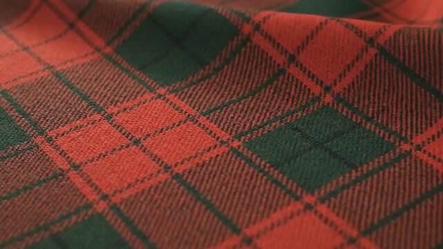 Close-up of red and green tartan fabric, creating a classic and festive pattern.