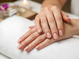 Naklejka premium Closeup of perfectly manicured hands with elegant light pink nail polish resting on a soft white towel