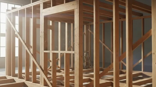 Wooden frame construction of a building, showcasing the structural framework and architectural design.