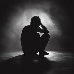 Silhouette of lonely person facing trouble and sadness. Dark concept of mental health issues and depression   high resolution   for isolate image