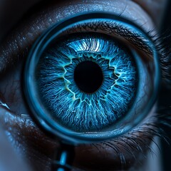 Blue eye close up through magnifying glass with dark background and sharp focus   high resolution   for isolate image