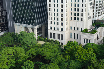 High angle view of modern architecture city skyscraper surrounded by lush green park. contemporary design shows calm and sustainable urban environment with many trees