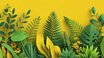 Obraz premium Lush Green Botanical Leaves Arrangement on Bright Yellow Background Detailed Floral Illustration Vibrant Tropical Foliage Paper Cut Style Exotic Plants and Flower Elements