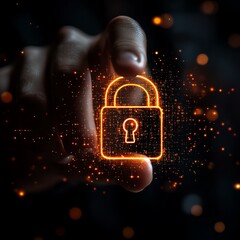 Finger pointing at glowing lock icon symbolizing data protection and secure access  high resolution   for isolate image