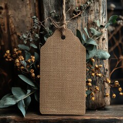 Rustic brown burlap tag with green leaves and dried flowers on wooden surface   high resolution   for isolate image