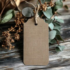 Rustic brown burlap tag with green leaves and dried flowers on wooden surface   high resolution   for isolate image