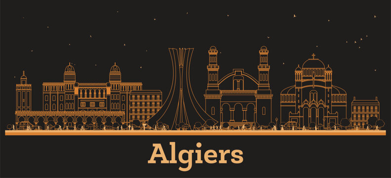 Outline Algiers Algeria City Skyline with orange Buildings. Illustration. Business Travel and Concept with Modern Architecture. Algiers Cityscape with Landmarks.