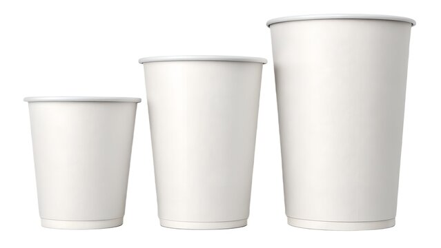 Three White Disposable Paper Cups in Different Sizes Isolated on White Background
