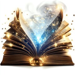 Open book with fairytales and magic lights. Creative design isolated with white highlights, png  high resolution   for isolate image