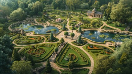 Intricate garden landscape with ponds