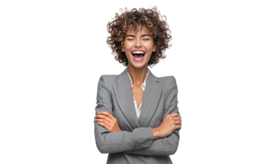 Joyful business woman laughing with her arms crossed, happy expression, isolated on transparent background