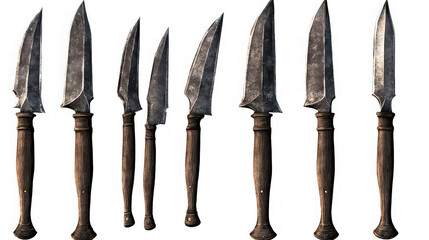 Fan Arrangement of Damascus Steel Knives with Wooden Handles Isolated on White

