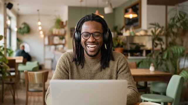 Happy young man working on laptop in a cozy caf&eacute; with plants and warm lighting