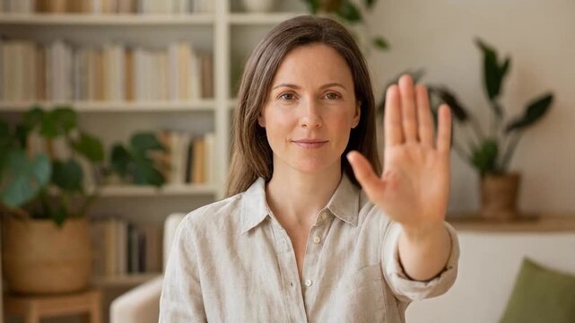 Woman Gesturing Stop with Calm Expression in Cozy Indoor Environment