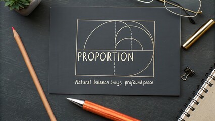 A beautifully illustrated notebook page showcasing the Fibonacci spiral and the word 'PROPORTION' with accompanying text on natural balance.