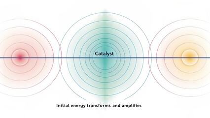 A catalyst initiating expanding iridescent energy fields, symbolizing transformation and amplification for scientific or technological concepts.