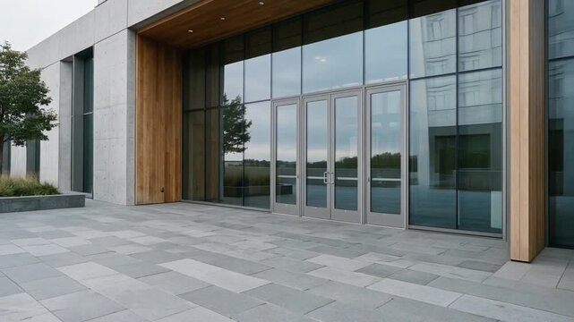 Modern architectural entrance with glass doors and natural landscaping outside
