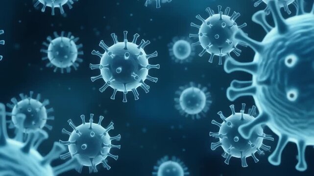Detailed microscopic view of viruses floating in a blue background for educational and scientific use