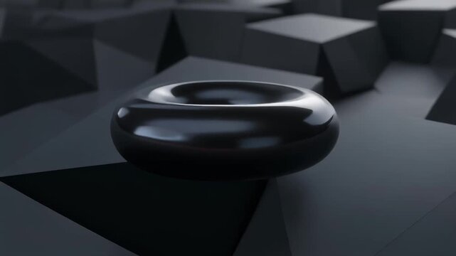 3D abstract animation of a glossy black torus hovering above a dark geometric surface. Minim