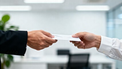 Obraz premium Close-up of hands exchanging white envelope, symbolizing business communication trust and professional correspondence in modern office setting