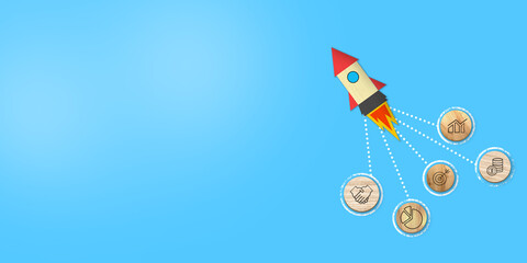 Rocket launching with business icons on blue background, Business Growth Concept.
