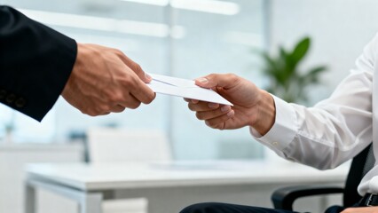 Fototapeta premium Close-up of hands exchanging white envelope, symbolizing business communication trust and professional correspondence in modern office setting
