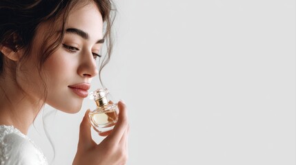 Naklejka premium Young woman smelling perfume on white background, space for text