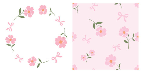 Cute floral illustration set with pink flowers and ribbon elements, featuring a decorative wreath and seamless pattern in soft pastel tones for stationery, fabric prints, and romantic backgrounds. © Thanawat