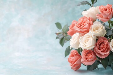 Obraz premium Beautiful arrangement of pink and white roses against a soft pastel blue background