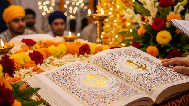Open religious text with golden symbol, flowers, candles, and people
