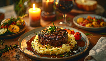 Candlelit steak with mashed potatoes for romantic dinner promotion. Gourmet beef entr&eacute;e in cozy restaurant ambiance, holiday menu hero. Juicy steak plate with warm bokeh lights for fine dining ads