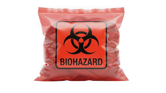 red biohazard bag with black symbol and text