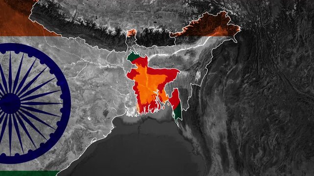 Digital graphic representation featuring the national flag overlaying a satellite map highlighting the geopolitical relationship between India and Bangladesh surrounded by grayscale terrain.