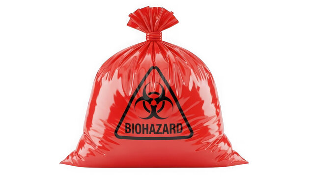 red biohazard bag with black symbol and text
